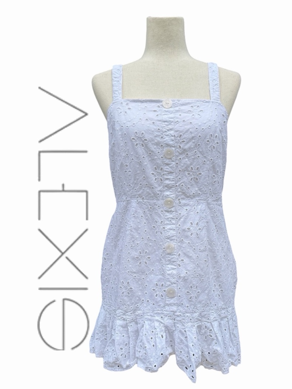 Alexis x Target White Eyelet Mini Dress Button Front Smocked back Sundress M
